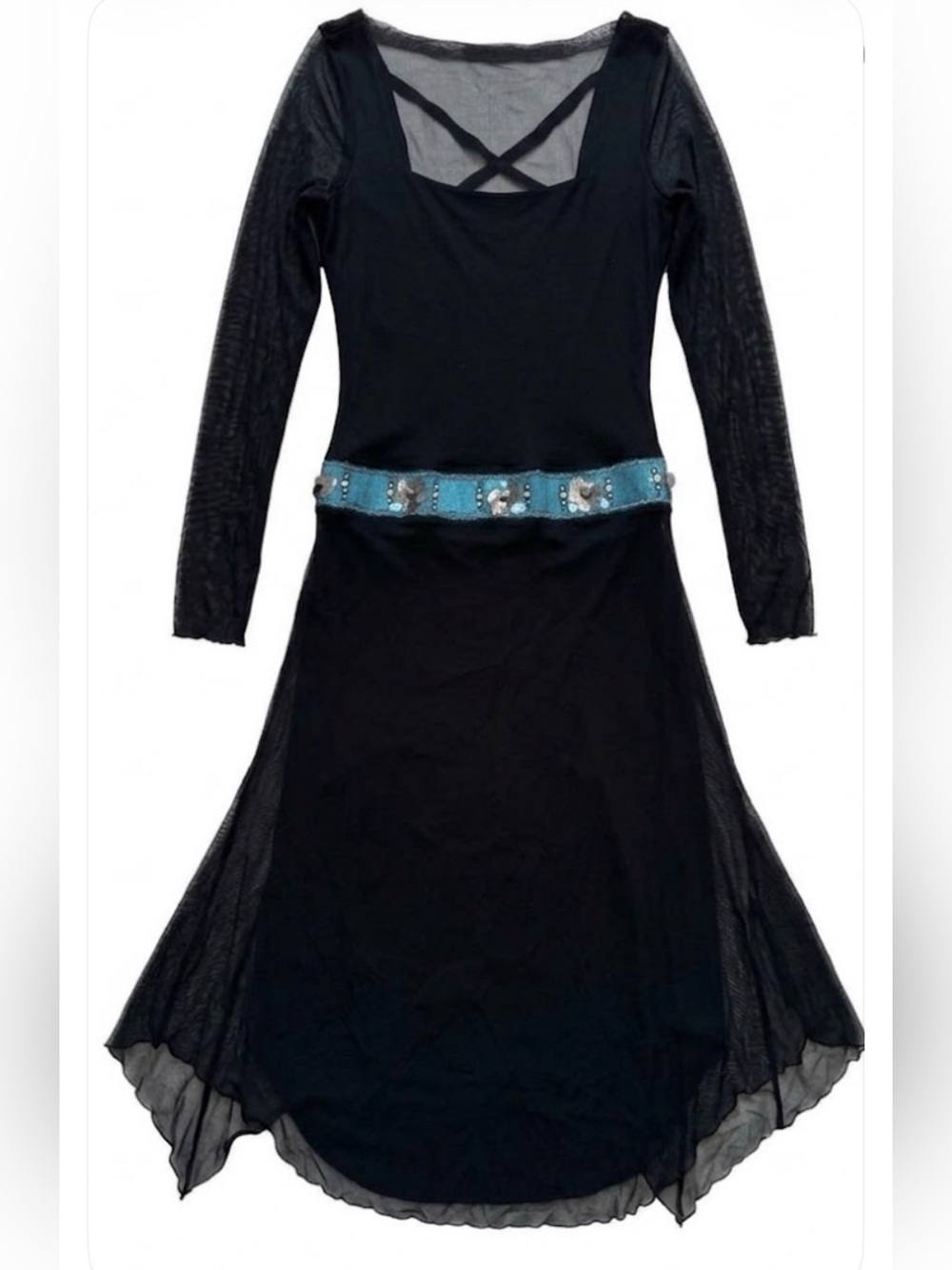 Elana Kattan Black Mesh Long Sleeve Midi Dress Turquoise Embellished Belt Boho M